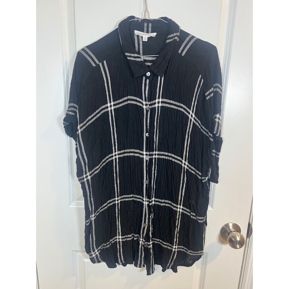 Jane + Delancey Womens Button Down Shirt Windowpane Plaid Crinkle Gauze Black 1X